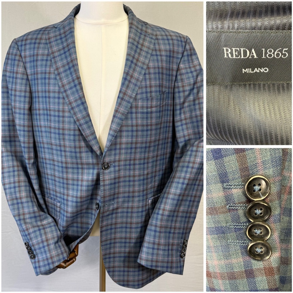 Saks Fifth Avenue Reda 1865 Sport Coat Mens 46R Blue Plaid Italian Wool Blazer